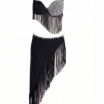 Stunning Black Rhinestone & Fringe Asymmetrical Two-Piece Dance Set