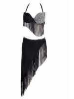 Stunning Black Rhinestone & Fringe Asymmetrical Two-Piece Dance Set