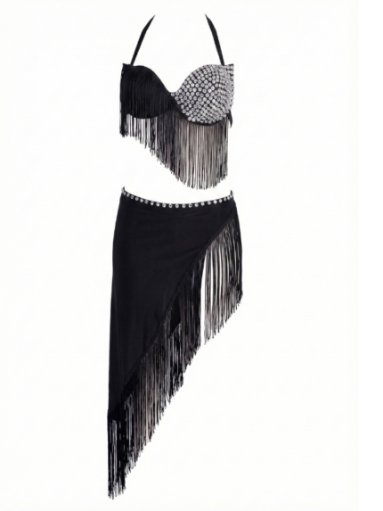 Stunning Black Rhinestone & Fringe Asymmetrical Two-Piece Dance Set