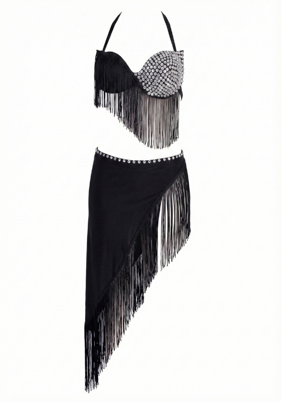 11 Stunning Black Rhinestone & Fringe Asymmetrical Two-Piece Dance Set - Image 1