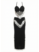 Elegant Black & Silver Coin Two-Piece Belly Dance Set with Mesh V-Hem