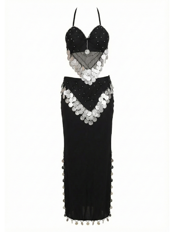 12 Elegant Black & Silver Coin Two-Piece Belly Dance Set with Mesh V-Hem - Image 1