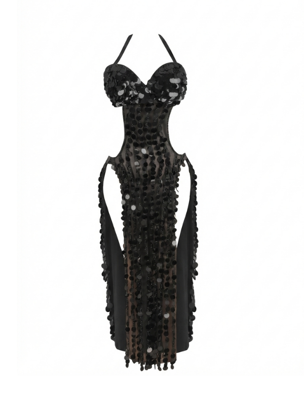13 Dramatic Black Sequin Extreme Cut-Out Performance Dress - Image 1