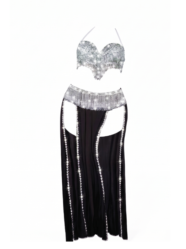 14 Dazzling Silver Rhinestone & Black Cut-Out Two-Piece Dance Set - Image 1