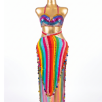 Vibrant Rainbow Striped Two-Piece Festival & Dance Set with Sequins