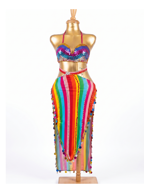 16 Vibrant Rainbow Striped Two-Piece Festival & Dance Set with Sequins - Image 1