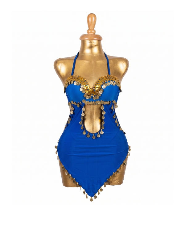 17 Striking Royal Blue & Gold Coin Cut-Out Dance Bodysuit - Image 1