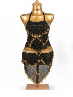 Alluring Black Mesh & Gold Coin Halter Dance Outfit