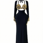 Glamorous Black Belly Dance Maxi Dress with Gold Coin Embellishments DS0002