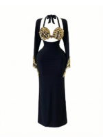 Glamorous Black Belly Dance Maxi Dress with Gold Coin Embellishments DS0002
