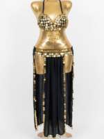 Classic Black & Gold Coin Belly Dance Two-Piece Set with Double High Slits