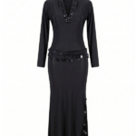 Sophisticated Black Jeweled V-Neck Long-Sleeve Maxi Dress
