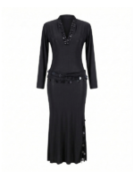 Sophisticated Black Jeweled V-Neck Long-Sleeve Maxi Dress