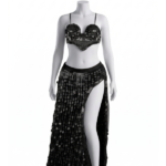 Glamorous Black Paillette Sequin Two-Piece Dance Set with High Slit