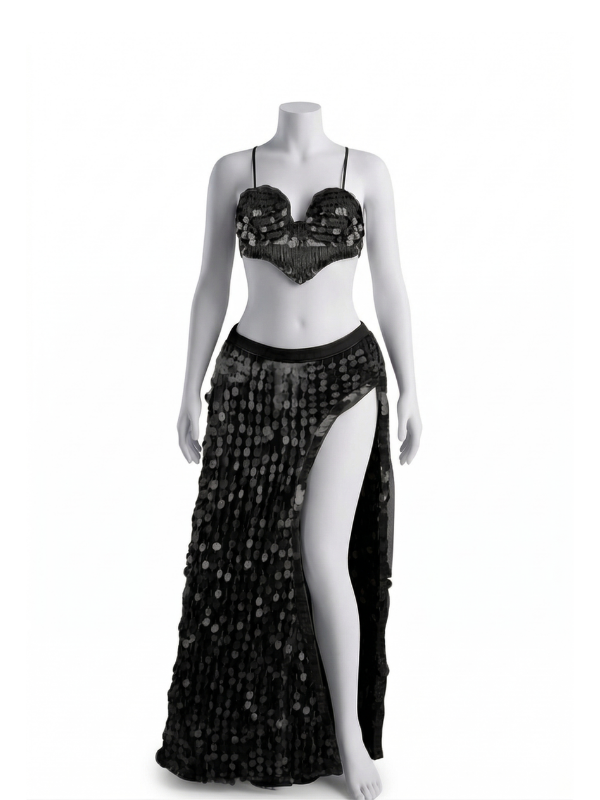 23 Glamorous Black Paillette Sequin Two-Piece Dance Set with High Slit - Image 1