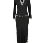 Elegant Black Beaded V-Neck Long-Sleeve Dance Dress
