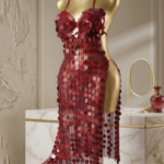 Dazzling Deep Red Paillette Sequin High-Slit Performance Dress