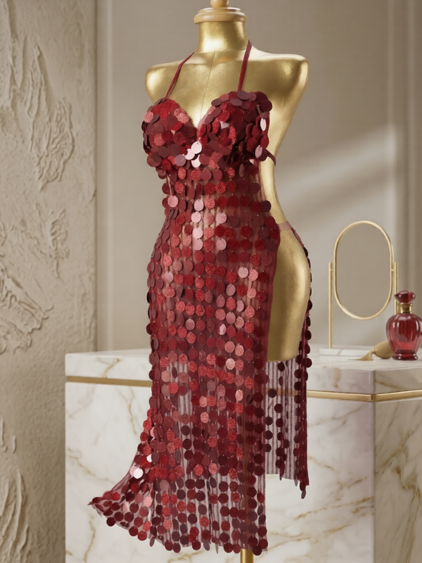 25 Dazzling Deep Red Paillette Sequin High-Slit Performance Dress - Image 1