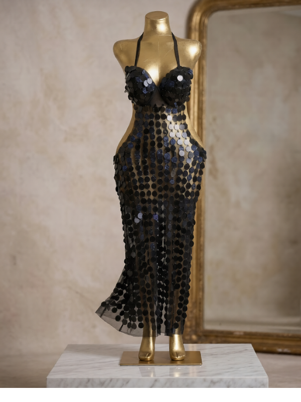 26 Dramatic Black Paillette Sequin Cut-Out Performance Dress - Image 1