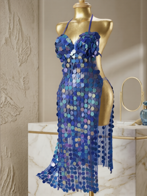 27 Dazzling Royal Blue Paillette Sequin High-Slit Performance Dress - Image 1