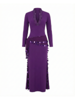 Elegant Purple Beaded V-Neck Long-Sleeve Dance Dress with Sequin Accents