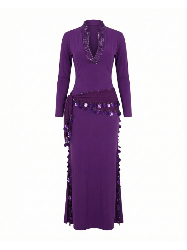 28 Elegant Purple Beaded V-Neck Long-Sleeve Dance Dress with Sequin Accents - Image 1