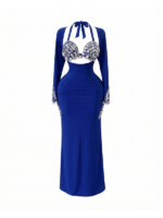 Stunning Royal Blue Belly Dance Maxi Dress with Silver Coin Embellishments DS0003