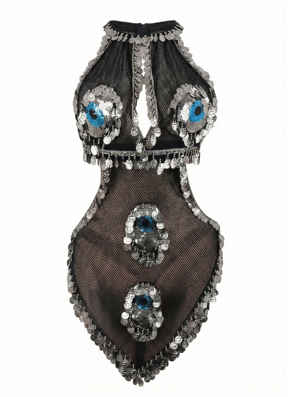 31 Enchanting Black Mesh & Silver Coin "Evil Eye" Cut-Out Dance Outfit - Image 1