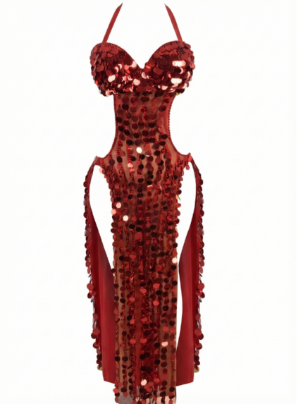 Dramatic Red Sequin Extreme Cut-Out Performance Dress