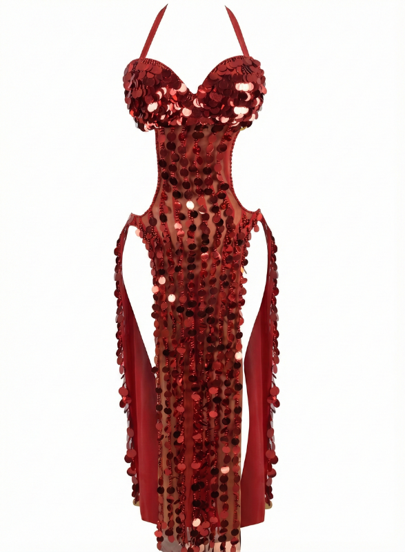32 Dramatic Red Sequin Extreme Cut-Out Performance Dress - Image 1