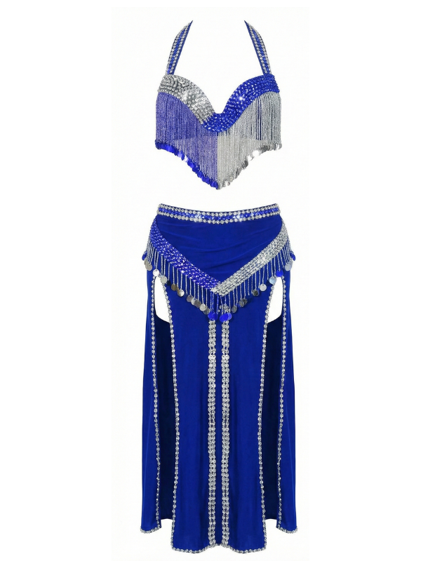33 Glamorous Royal Blue & Silver Beaded Fringe Two-Piece Dance Set - Image 1