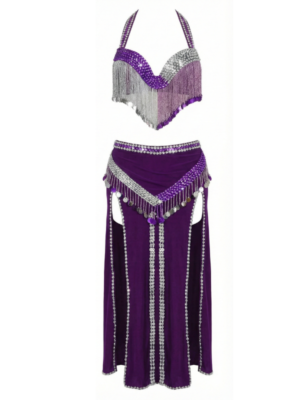 34 Glamorous Purple & Silver Beaded Fringe Two-Piece Dance Set - Image 1