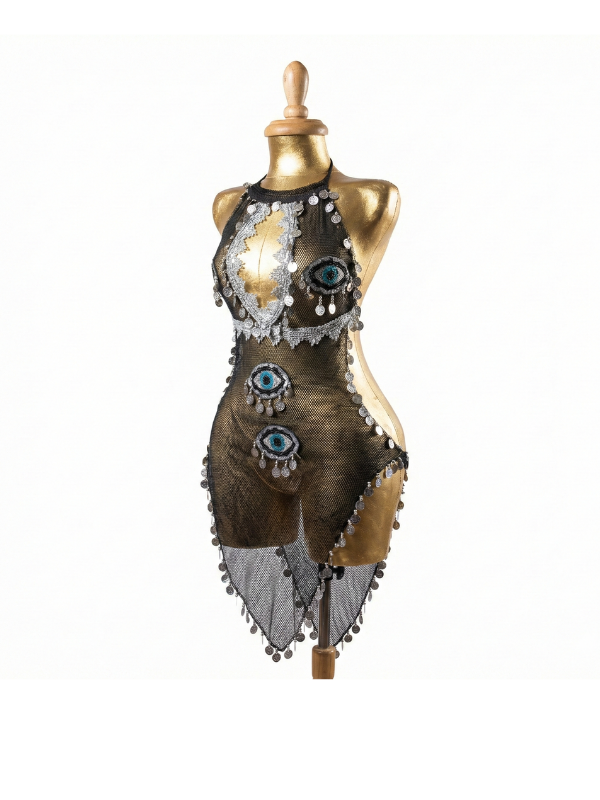 35 Nazar-Inspired Black Mesh Evil Eye Performance Harness-Dress with Silver Coin Trim - Image 1