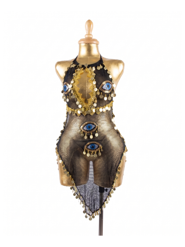 37 Mystical Black Mesh "Evil Eye" Dance Dress with Gold Coin Trim - Image 1
