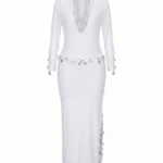 Elegant White Beaded V-Neck Long-Sleeve Dance Dress