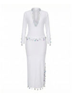 Elegant White Beaded V-Neck Long-Sleeve Dance Dress