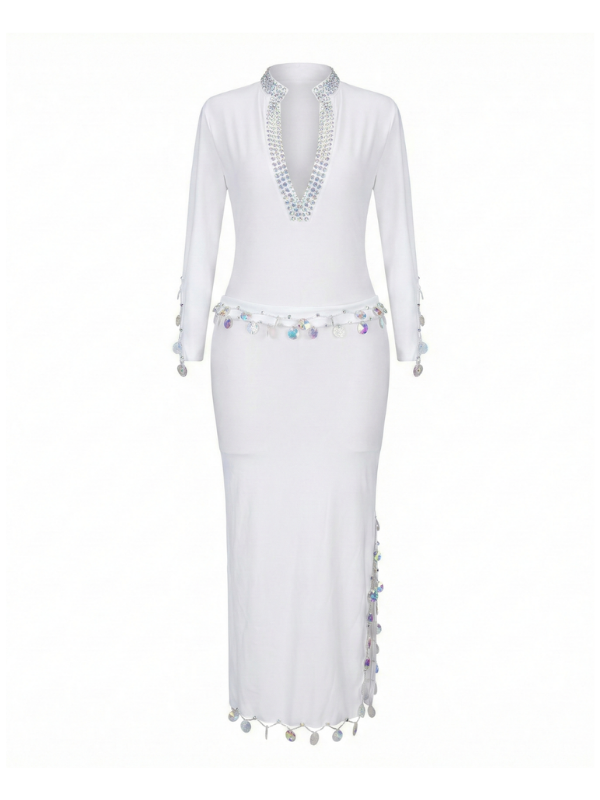 38 Elegant White Beaded V-Neck Long-Sleeve Dance Dress - Image 1