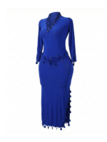 Elegant Royal Blue Beaded V-Neck Long-Sleeve Dance Dress with Paillette Accents