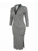 Classic Black & White Striped Long-Sleeve Baladi Dance Dress