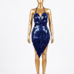 Dazzling Midnight Blue Paillette Sequin Asymmetrical Halter Mini Dress
