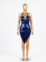 Dazzling Midnight Blue Paillette Sequin Asymmetrical Halter Mini Dress