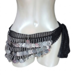 Classic Black Mesh Belly Dance Hip Scarf with Tiered Silver Coins
