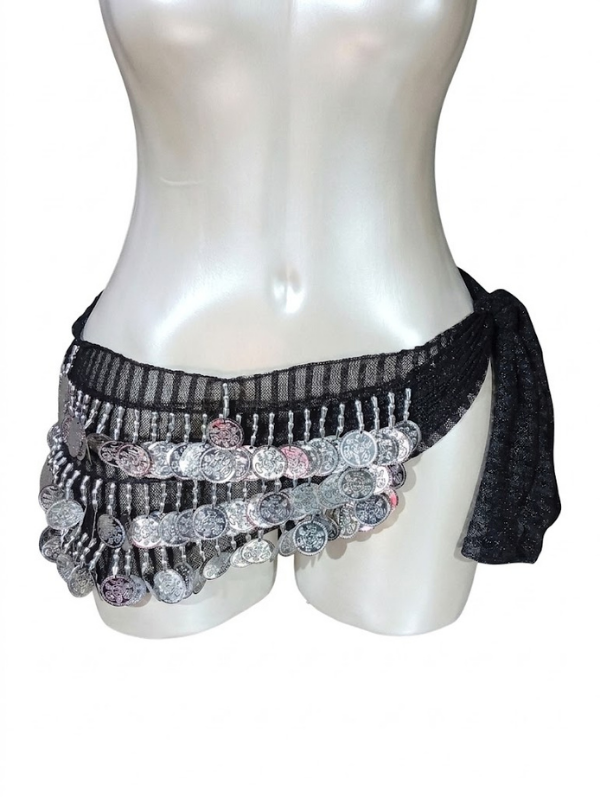 49 Classic Black Mesh Belly Dance Hip Scarf with Tiered Silver Coins - Image 1