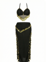 Elegant Black & Gold Coin Belly Dance Two-Piece Set with Double Slit Skirt DS0005
