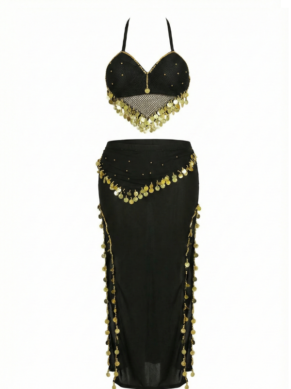 5 Elegant Black & Gold Coin Belly Dance Two-Piece Set with Double Slit Skirt DS0005 - Image 1