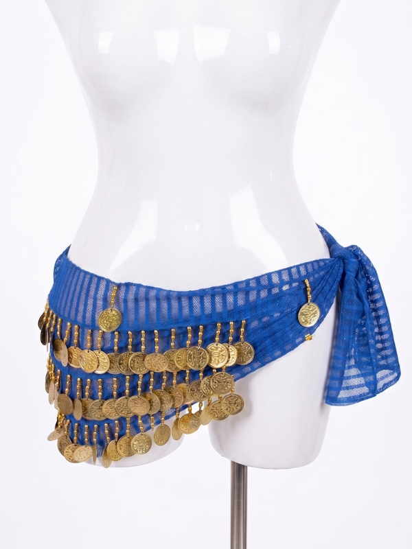 50 Vibrant Royal Blue Mesh Belly Dance Hip Scarf with Tiered Gold Coins - Image 1