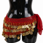 Classic Red Mesh Belly Dance Hip Scarf with Tiered Gold Coins