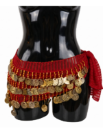 Classic Red Mesh Belly Dance Hip Scarf with Tiered Gold Coins