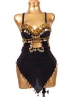 Classic Black Mesh Belly Dance Hip Scarf with Tiered Silver Coins
