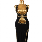 Elegant Black Cut-Out Performance Dress with Gold Coin Trim